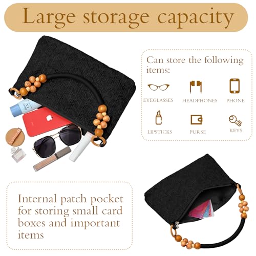 Image of Small Straw Shoulder Bag for Women, Woven Summer Handbag with Wooden Beaded Handle Vacation Purse