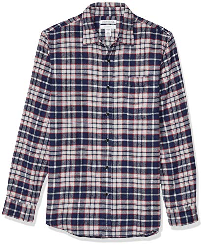 Amazon Essentials Men's Slim-Fit Long-Sleeve Plaid Flannel Shirt, Heather Grey/Navy, Large