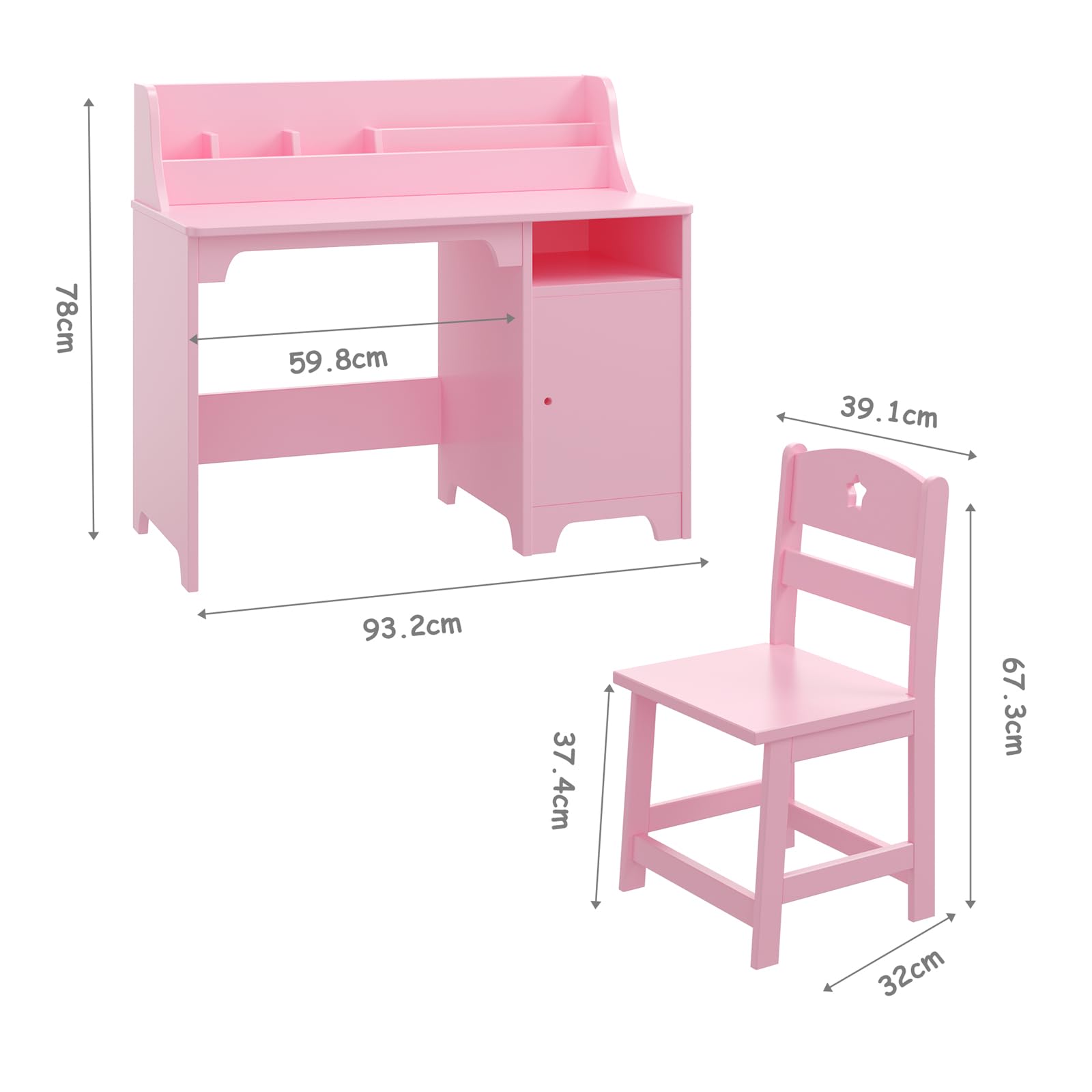 Escritorio Infantil con Silla de Madera con Estantes y Taquilla, Escritorio Infantil con Silla de Madera, Mesa de Aprendizaje Multifuncional para Niños y Niñas de 3+ Años