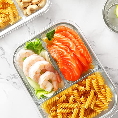 Bayco 8 Pack Glass Meal Prep Containers 3 Compartment, Glass Food Storage Containers with Lids, Airtight Glass Lunch Bento Boxes, BPA-Free & Leak Proof (8 lids & 8 Containers) - White