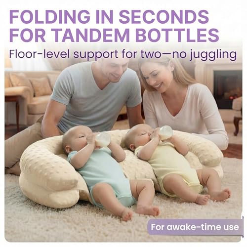 Image of Twins Baby Play Mats for Floor Activity Gym - 5-in-1 Support Cushion Baby Play Mat Tummy Time Mat for Supervised Bonding with Arch, Plush Toys, Flashcards & Developmental Book - Beige