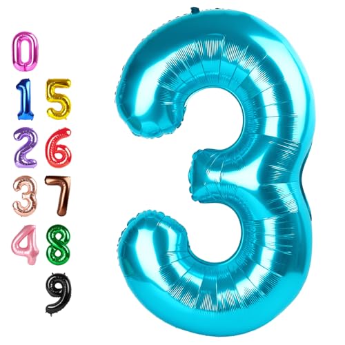 Image of Number Balloons 3 Balloon Light Blue for 3rd Birthday Decoration, 40 inch | Saturated Color, Large 40 in, With Inflation Straw & Hanging Hole, Great for Men's Party, Back-To-School Season, Pool Party