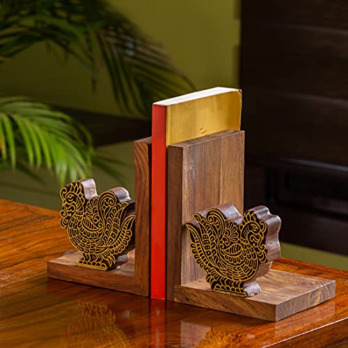 ExclusiveLane ‘The Dancing Peacock’ Hand Carved Wood Bookends for Table in Sheesham Wood – Book End Book Holder Stand Wooden Bookend Book Stopper Book Support Book Shelf Stopper Book Organiser