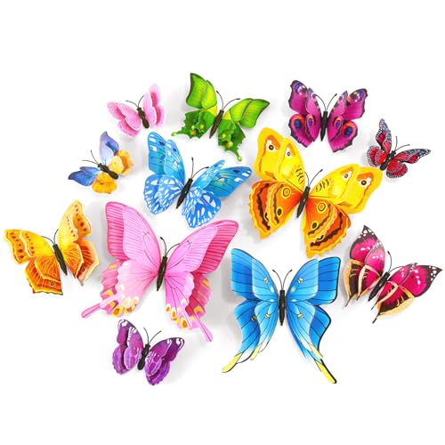 SAOROPEB 3D Butterfly Wall Decor 24 Pcs Double Layer Butterfly Decorations for Party Decorations Locker Decor Refrigerator Decal Reusable (Colorful)