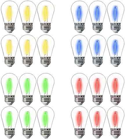 ALAMPEVER 24-Pack Colored LED String Light Bulbs - Shatterproof & Waterproof, Vintage Style - Red, Green, Blue, Warm White - 1W Outdoor Bulbs with E26 Medium Base and CRI80