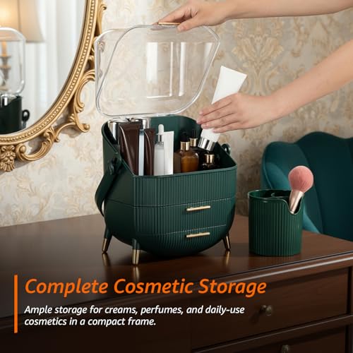 Image of Amazon Basics Large Capacity Makeup Organizer Box - Green, Portable Cosmetic Holder with Brush Storage Section