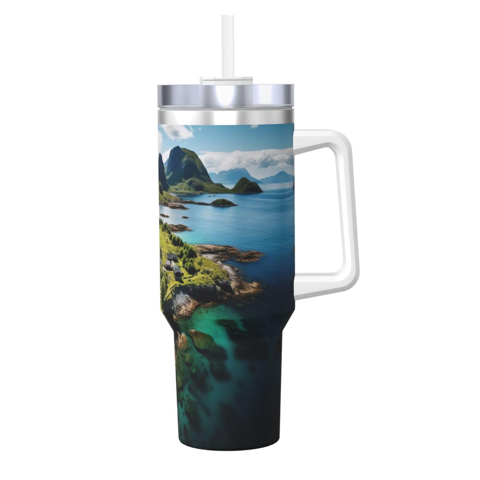 Norway Islands Ice Bully Doppelwandige isolierte Wasserflasche mit Griff und Strohhalm-Deckel, 1,2 l