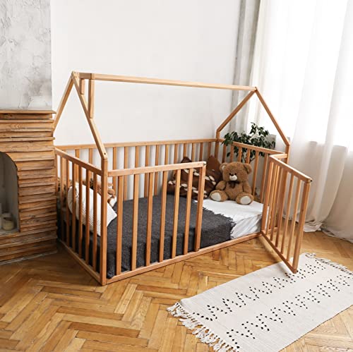 BUSYWOOD Bed Frame – Montessori with Fall Protection – House Bed – Toddler Floor Bed – Woodenn Play Pen – Montessori Bed for Toddlers – Twin Bed Rails for Toddlers (Model 21)