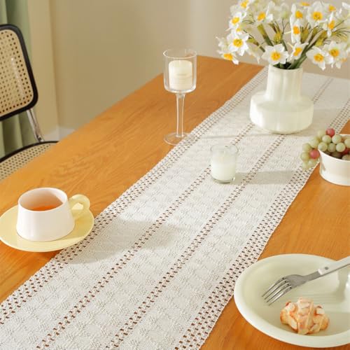 Chemin de table en macramé blanc pompons nappe cuisine 76x610cm