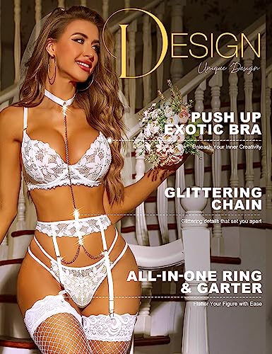 Image of RSLOVE Women's Lingerie Sets with Garter Belt 3 Piece Sexy Lace High Waist Bra and Panty Set Push Up Exotic Sleepwear