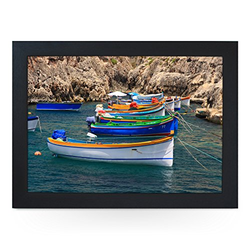 Image of Portable Lap Desk Tray (Colourful Rowing Boats) Handmade Wooden Frame, Beanbag Cushioned Bottom | Computers, Laptops, Meals, Food | L0238 Black