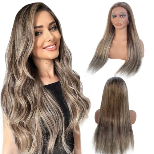 Image of Munx Balayage Blonde Human Hair Wigs for Women Full Ends 13x6 HD Transparent Glueless Wigs 100% Real Human Hair Ombre Golden Brown and Blonde Highlighted Lace Front Wig Pre Plucked Hairline 22 inch