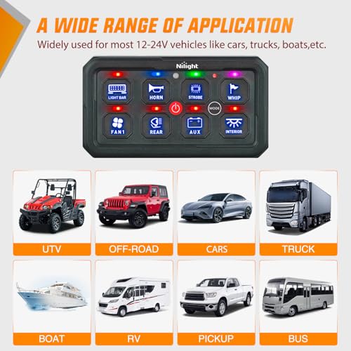 Image of Nilight 8 Gang Switch Panel Blue 12V 24V Circuit Control System 4-Mode | Fuse Wiring Harness Automatic Dimmable LED Pod Toggle /Momentary /Strobe /Flash Modes for Car Pickup Truck Camper SUV