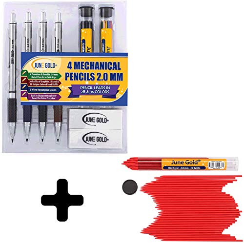 June Gold 4 Premium 2.0 mm 2B Mechanical Pencils, 36 2B Refills, 36 Uniquely Colored Refills, 36 Red Refills, 2 Smudge Resistant Erasers, Built in Sharpeners & Soft Non-Slip Grip on Each Pencil