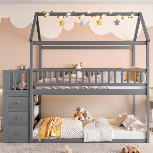 Image of Bellemave Bunk beds Twin Over Twin Size with Drawers and Shelves Storage, Floor bunk Bed,Gray