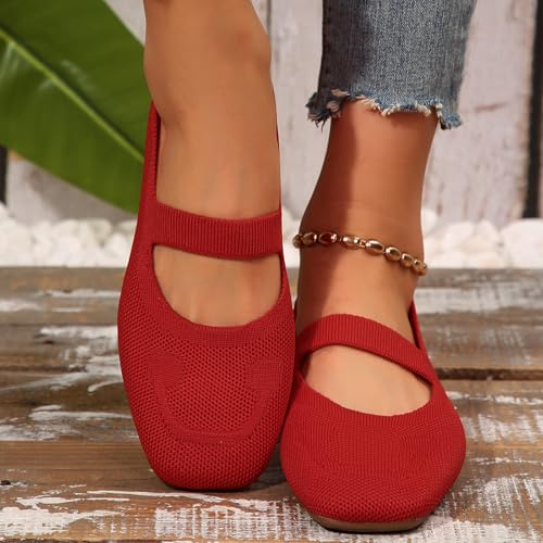 Ballet Flats for Women Ballet Flats Slip On Shoes Non-Slip Knitted Trainers Comfortable Round Toe Wide fit Work Flats Ladies Flat Pumps UK Size Slip On Loafers Ballet Ballerina Dolly Shoes Red - Image 4