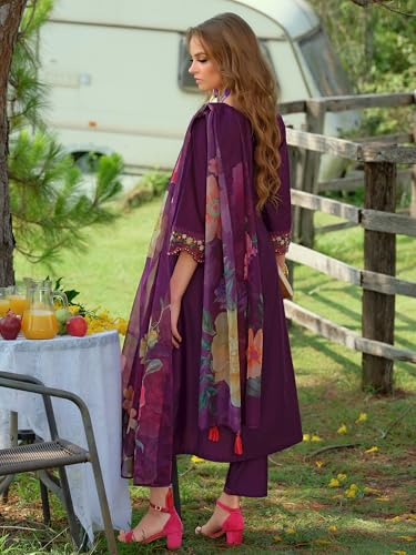 Image of INDO ERA Women's A-Line Silk Blend Floral Embroidered Kurta & Pant with Dupatta Set (IEOUT10970)