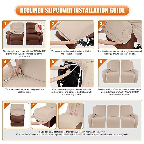 Image of VANSOFY Recliner Cover, 3-Pieces Stretch Reclining Couch Covers with Pockets Reclining Sofa Slipcovers 3 Seater Soft Washable Furniture Protector for Dogs Cats(Cream)