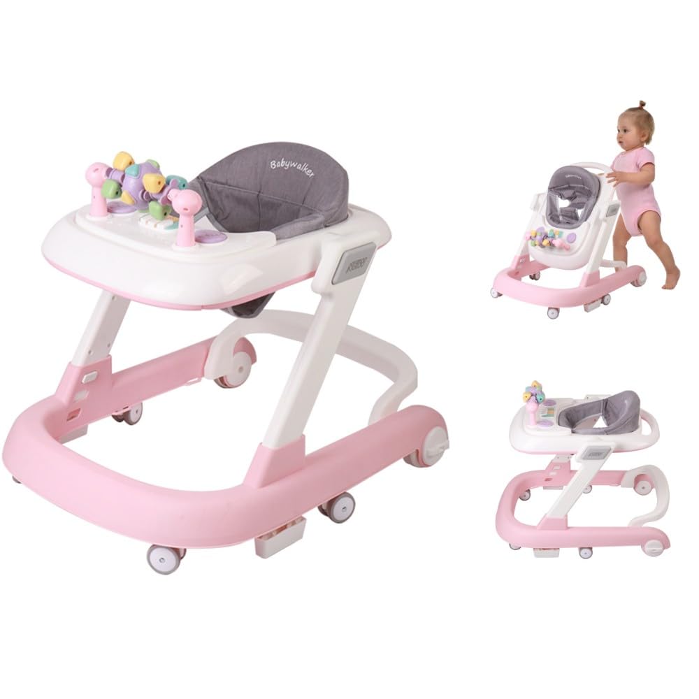 OHMG Girello per bambini 4 in 1 con vassoio per attività musicali rimovibili, girello per bambini facilmente pieghevole, da 6 a 18 mesi, fino a 12 kg, regolabile in altezza con ruote silenziose