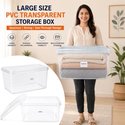 Image of Storite 4 Pcs 45L Plastic Storage Box with Lid-Stackable Organizer Box | Storage Box for Clothes, Kids Toys, Kitchen - Plastic Storage Container Basket for Home, Office, Bathroom(Transparent)