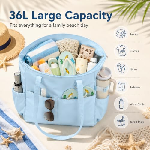 Image of LEDAOU Large Beach Bag Women Zipper Beach Tote Pool Bag for Gym Grocery Travel with Wet Pocket