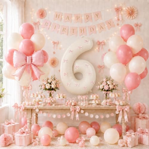 Image of 40 Inch Pink Beige Number 6 Balloon Tower with Bow 6th Birthday Decorations