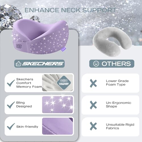 Skechers Oreiller de voyage en strass brillant pour voyage, oreiller de voyage en mousse à mémoire de forme diamant scintillant pour avion, oreiller de voyage pour appui-tête de vol, accessoires d'avion portables, violet – Image 6