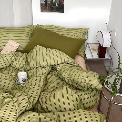 Image of mixinni Vintage Stripes Duvet Cover Set King - 3-Piece Mid-Century Cotton Olive & Taupe Striped Bedding, Soft Breathable All-Season Comforter Cover with Zipper Closure & Corner Ties-King Size