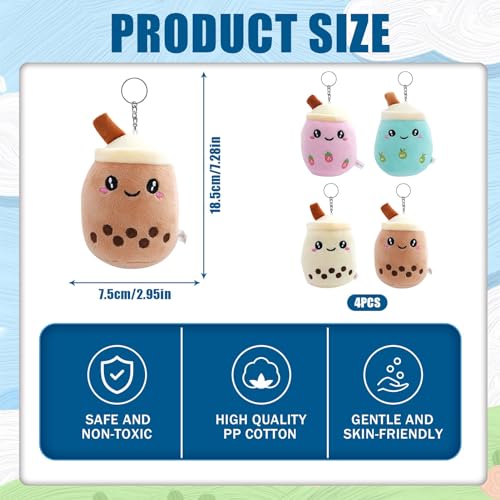 4 Stück Bubble Tea Plüschtier, Kleine Bubble Tea Kuscheltier, Plüsch-Tier-Spielzeug mit Schlüsselanhänger, Gefüllte Plüsch Kinderspielzeug mit Schlüsselanhänger, für Kinders Geburtstag Gastgeschenke