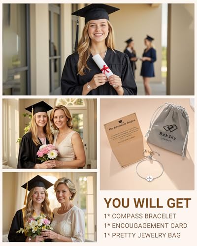 Image of 2025 Graduation Gifts for Her - Silver Adjustable Compass Bracelet for High School /College /5th Grade /8th Grade Grads
