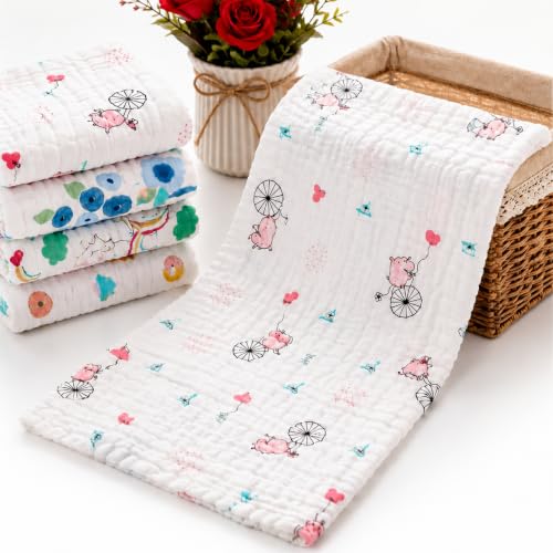 Image of Muslin 6 Layer 100% Organic Bamboo Cotton Face Towels for Newborn Baby Extra Soft Hankies Reusable Napkins for Infants Toddlers /Kids Random Print (Pack of 5 Big Napkin 50x25 CM)