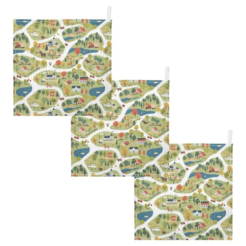 vvfelixl Baby Muslin Washcloths Cartoon Countryside Map Baby Burp Cloths Cotton Babys Face Towel for Newborn Infants Boys Girls Soft and Absorbent 11.8 X 11.8 in, 3 Pack2