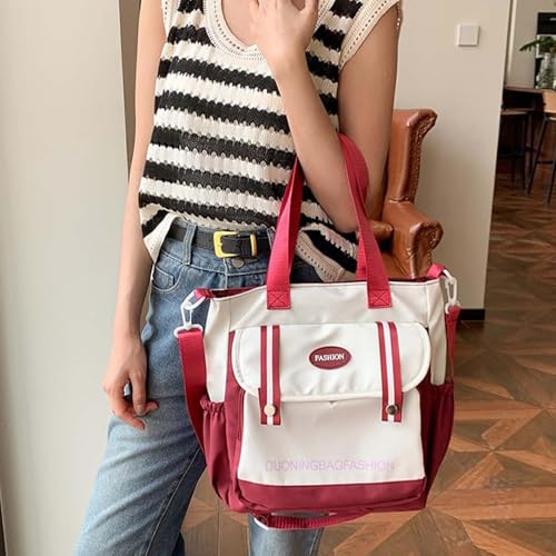 Colorblock Nylon Shoulder Tote - Spacious Stylish Carry Bag for Women (Red)2