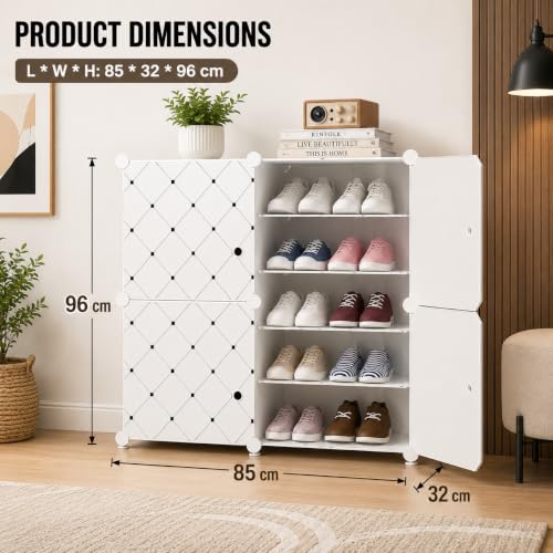 Image of YASONIC Premium Modular Plastic Shoe Rack for Home with Door | 12-Tier Stackable Shoe Organizer | Waterproof & Dustproof | Space Saving Storage for Home, Bedroom & Entryway [White A6, 12-Shelf-4-Door