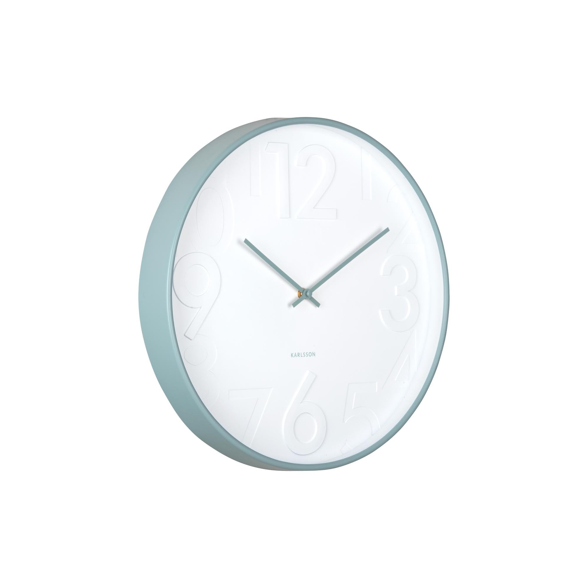 Karlsson Debossed Numerals Wall Clock with Coloured Case & Matching Hands - Sweep Movements (Misty Blue)
