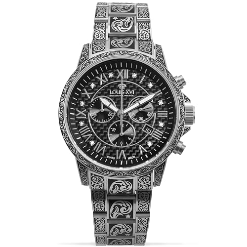 LOUIS XVI Palais Royale Inked 1722 - Ø 43 mm - Herren Uhr - Wasserdicht - Mit Saphirglas - Armband Silber - Zifferblatt Römisch Schwarz mit Diamanten - Schweizer Quarzwerk
