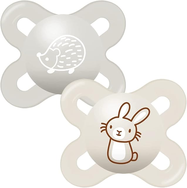 MAM Start Soothers, Baby Soothers with Self Sterilising Travel Case, Newborn Essentials, White/Grey (Designs May Vary), 0-2 Months (Pack of 2)