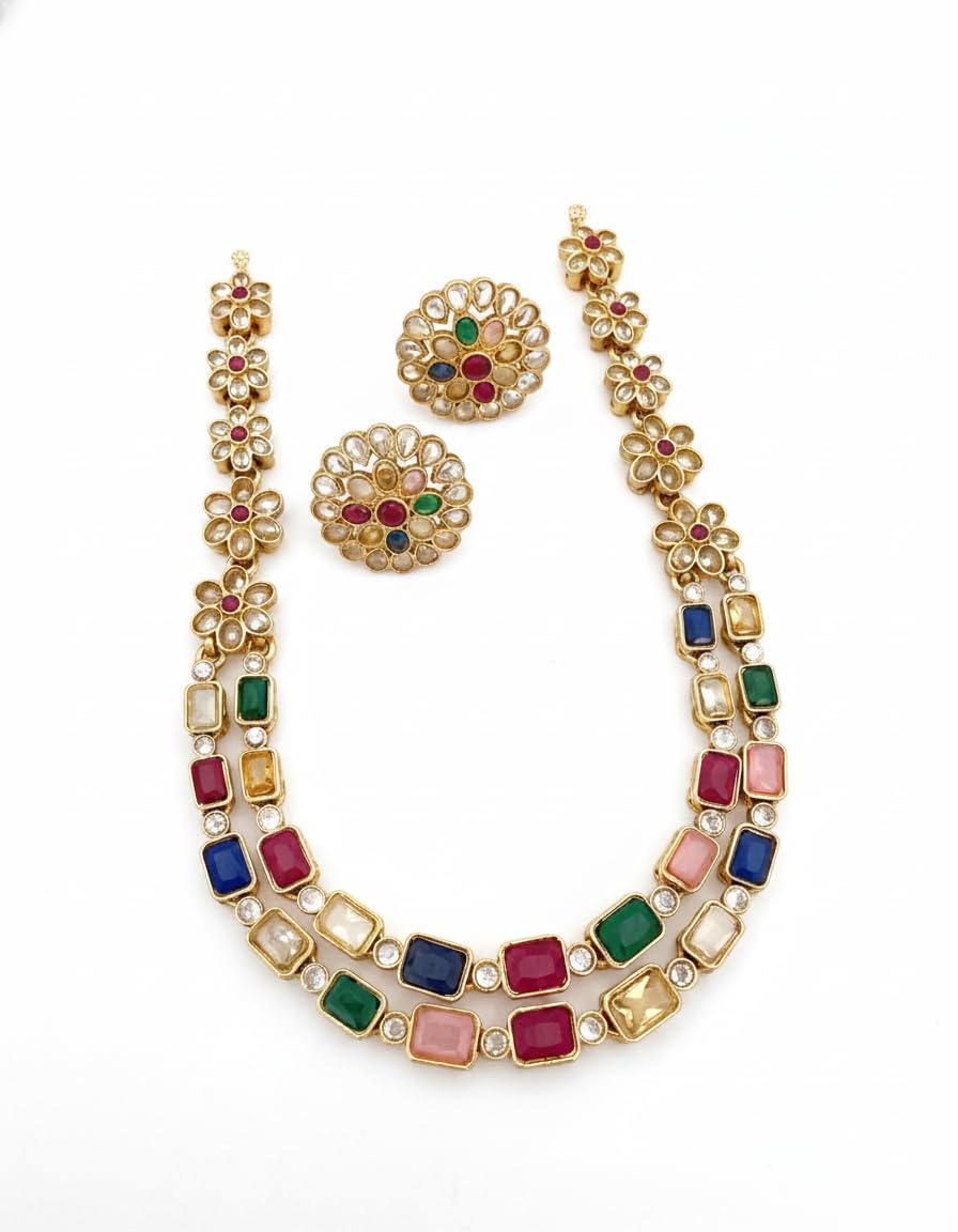 Traditional Gold Plated Choker Necklace Set with earring for Women | Traditional Gold-Plated Multicolor Kundan & Stone Floral Necklace Set with Matching Stud Earrings | Layered Crystal Jewelry for Women | Perfect for Weddings, Parties & Festive Occasions | Artificial Ad Stone Indian Wedding & Bridal Fashion Jewellery Set-picture-13