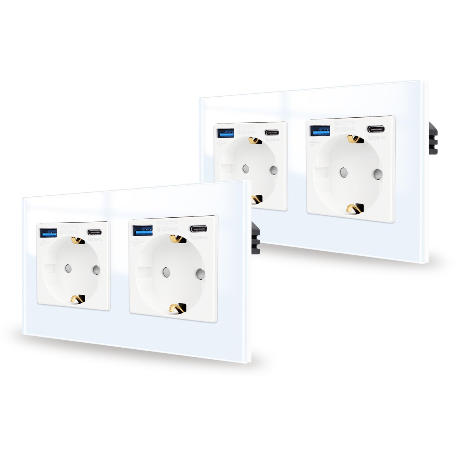 JIMEIDA Confezione da 2 prese doppie con USB 20 W, vetro bianco, 2 prese da 16 Amp con USB A e tipo C, 157 x 86 mm, 250 V