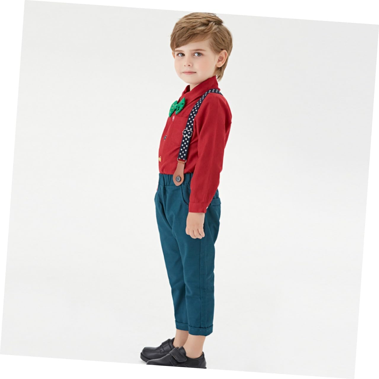 Christmas Suit Long-sleeved Bow Tie Shirt and Suspender Trouser Set for Boys, Red Cotton Festival Clothing Outfit for 100cm Height