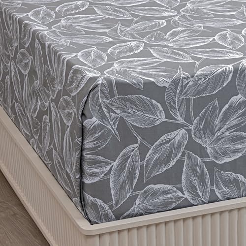 Image of HOMEMONDE Cotton Bedsheet for Double Bed Soft Luxury Leaf Printed 210 TC Flat Sheet with 2 Pillow Covers, Perfect for Home Decor & Gifting - (84 x 90 Inch, Grey)