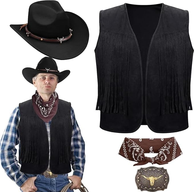 LYCN 4 Pcs Mens Cowboy Costume, Black Western Outfits with Tassel Vest Hat Belt Buckle Paisley Bandana, Fancy Dress Set for Party Cosplay (Size L)