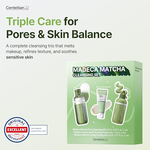 Image of CENTELLIAN 24 Matcha Cleansing Set (3pcs) - Cleansing Oil 6.67 fl oz + Cleansing Foam 1.41 oz + Peeling Gel 5.07 fl oz, TECA & Centella, Deep Cleanse, Exfoliate & Smooth Skin, Korean Skincare
