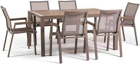 Set tavolo 160x90 e 6 sedie in textilene. Set da pranzo da esterno con tavolo in alluminio e polywood effetto legno e sei sedie impilabili in alluminio e textilene - Liam & Deva (Tortora)