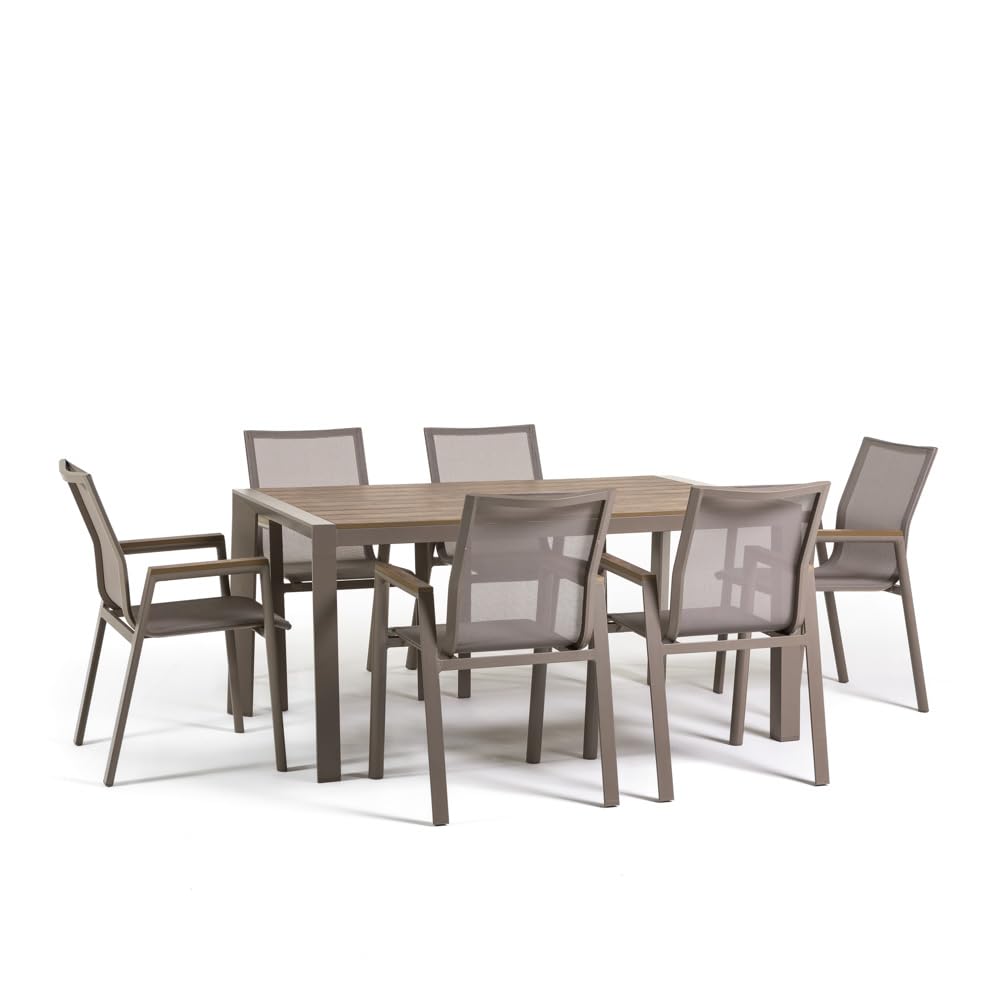 Set tavolo 160x90 e 6 sedie in textilene. Set da pranzo da esterno con tavolo in alluminio e polywood effetto legno e sei sedie impilabili in alluminio e textilene - Liam & Deva (Tortora)