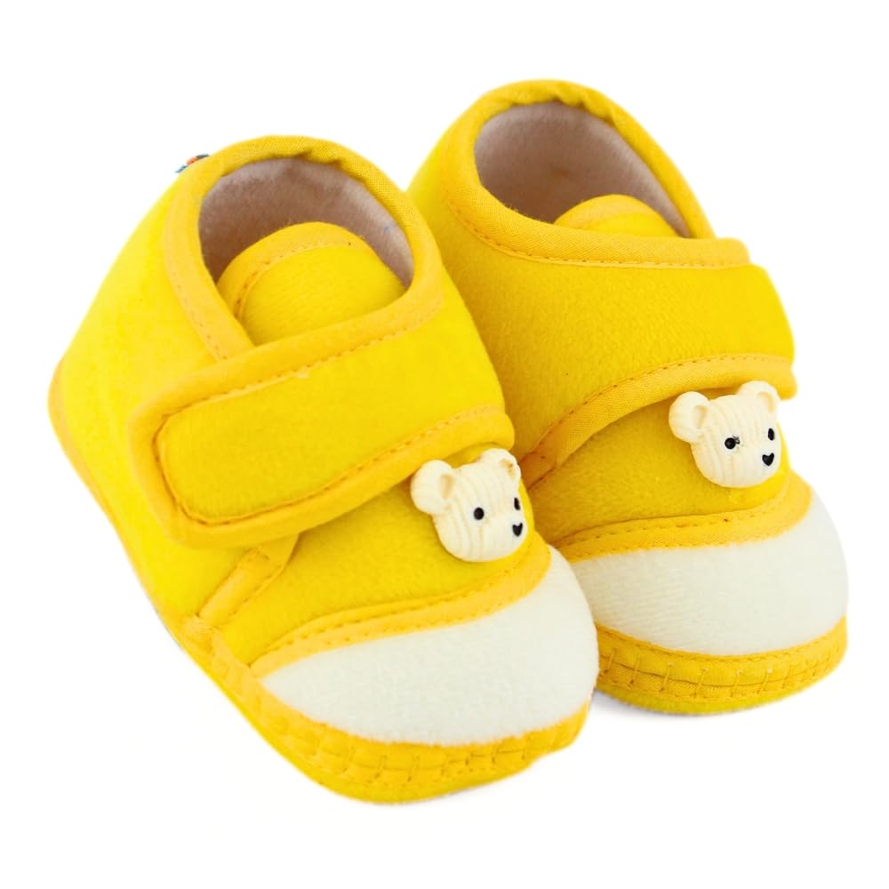 6 To 12 Months Baby Boys & Baby Girls Velboa Bear Face Yellow,White Hook & Loop Shoe Booties-BT5605-image-46
