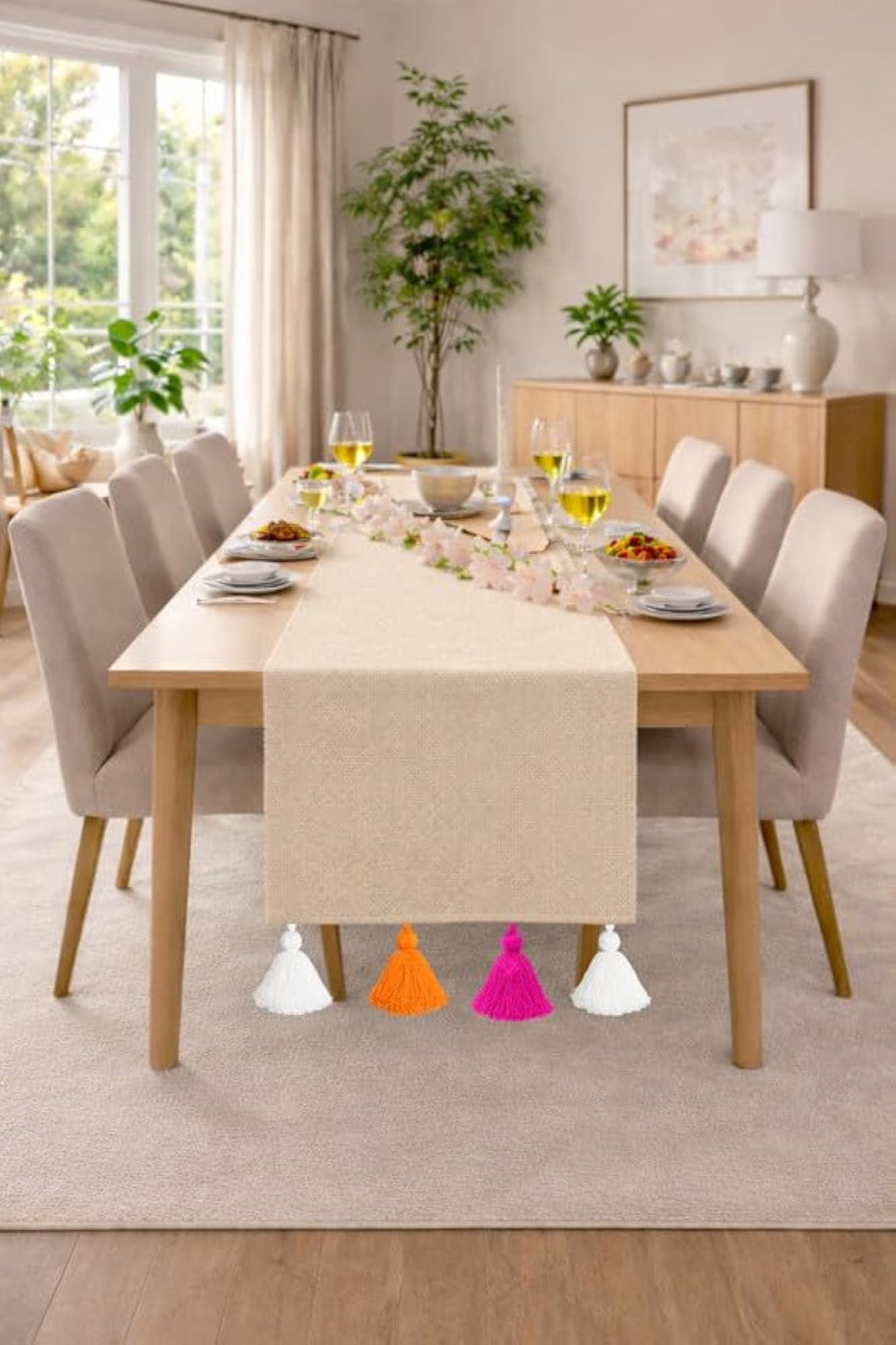 Neutral Table Runner with Tassels, 14x96 Inches