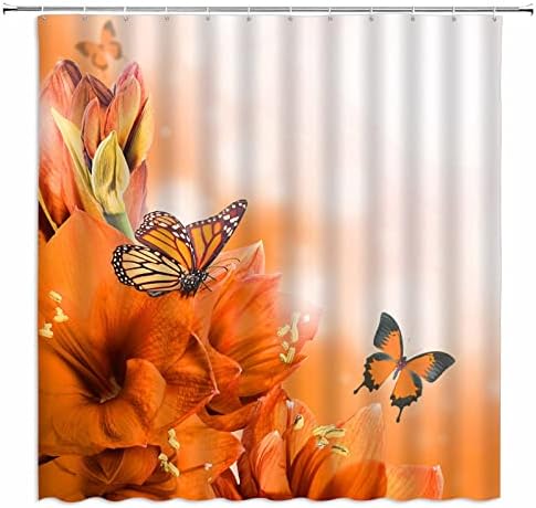 WIYKMK Flower Butterfly Shower Curtain Orange Floral Dream Spring Blossom Plant Beautiful Animal Butterflies Wings Nature Garden Scenery Home Decor Fabric Bathroom Set with Hooks（70" WX70 H）