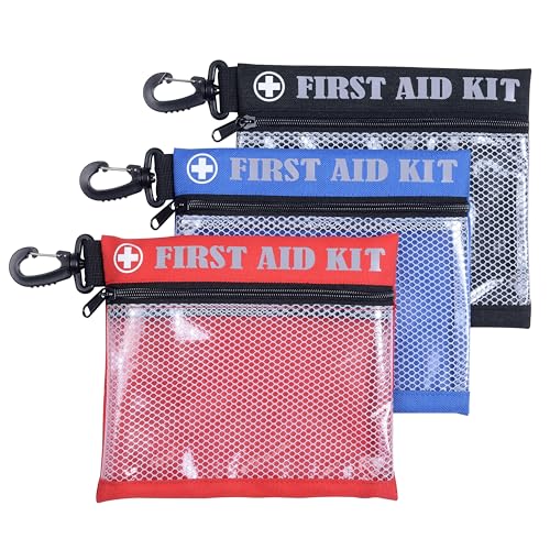 SdTacDuGe First Aid Kit Bag with Carabiner, 8.5 x 7.5 inches, Waterproof Mesh Front, Set of 3, Black Blue Red, For Travel, Home, Office, Vehicle, Camping, Outdoor (Bag Only)