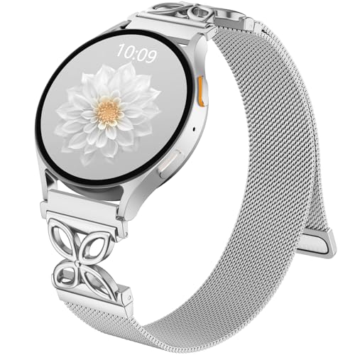 Getino Magnetic Metal Band Compatible with Galaxy Watch 7 Band 6 5 4 FE Active 2 40mm 44mm/Galaxy Watch 5 pro 45mm/Classic, 20mm Floral Dressy Strap for Samsung Watch Bands Women Milanese Mesh Loop